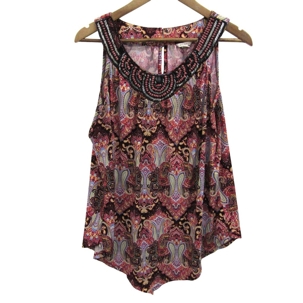 Womens L Paisley Print Sleeveless Beaded Neckline Blouse Top Multicolor‎ Boho